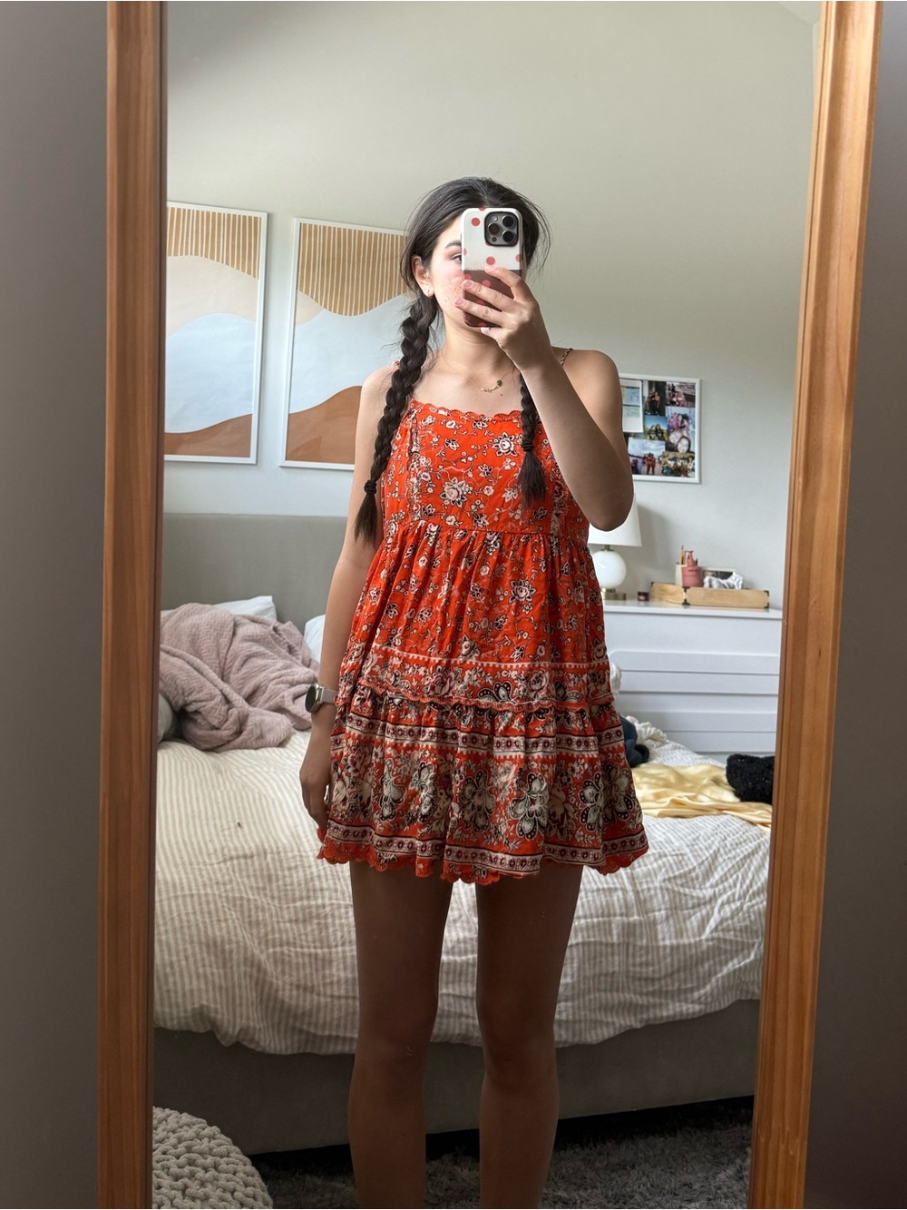Urban Outfitters orange mini dress with black/white floral and paisley print